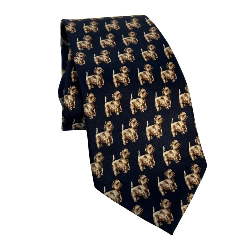Venezia Made in Italy 100% Silk Men's Neck Tie Terrier Dog Pattern‎ Navy Blue
